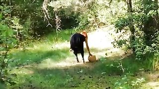 Рыжеволосая девушка на лесной полянке взяла в рот у парня и попрыгала пиздой на его хуе